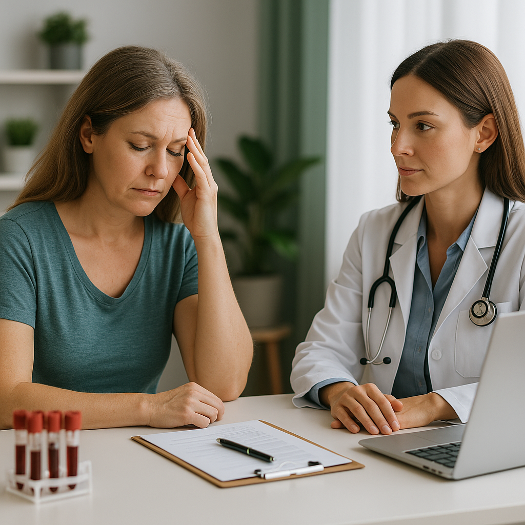 A patient holding her head sits across from a doctor in a white coat with a stethoscope at a desk with a clipboard and laptop.